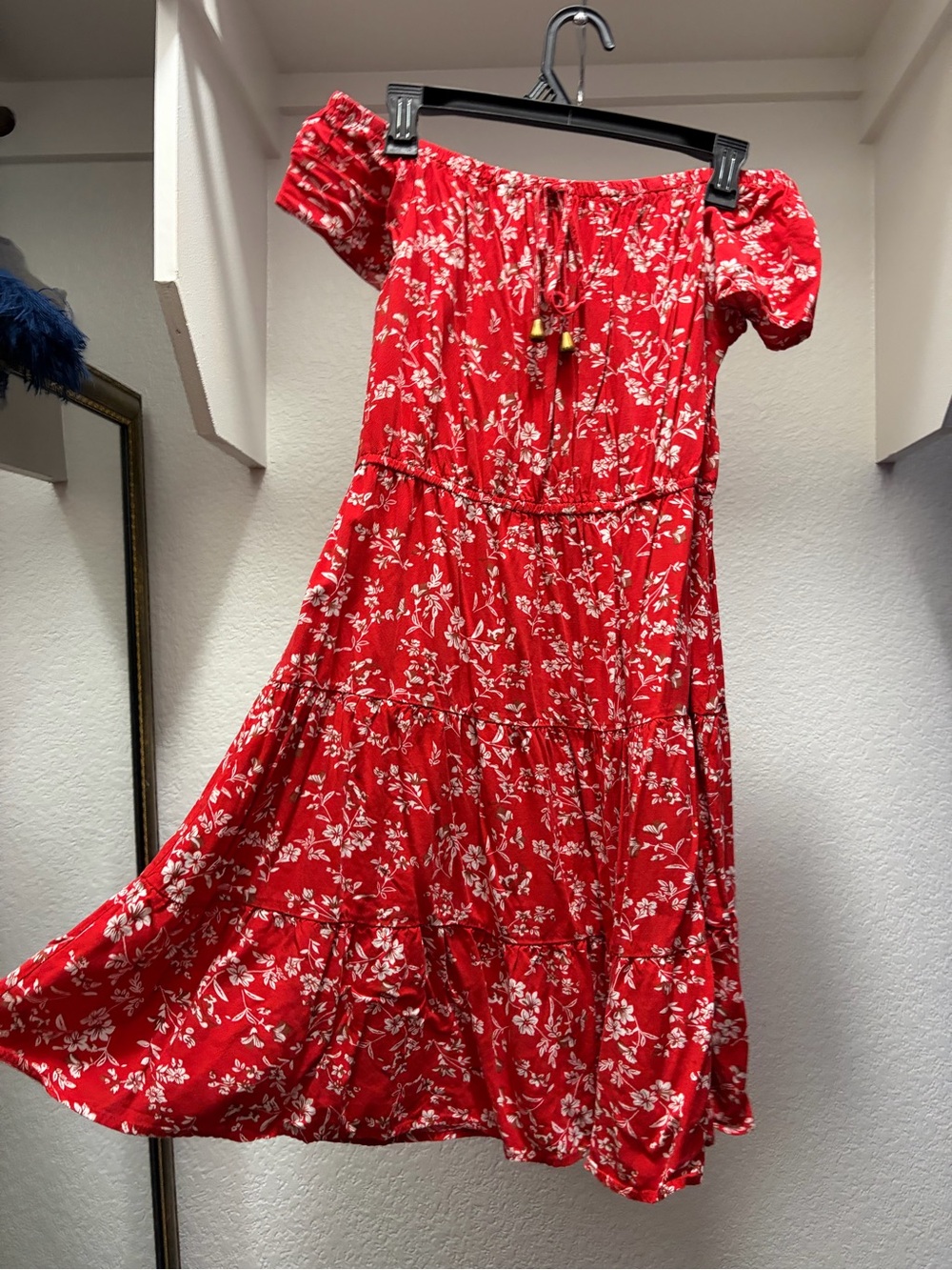 Red Floral Off-Shoulder Tiered Midi Dress